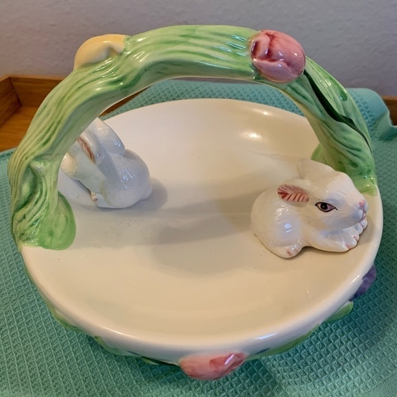 Other - ceramic basket serving tray candy dish with bunnies flowers Easter decor spring